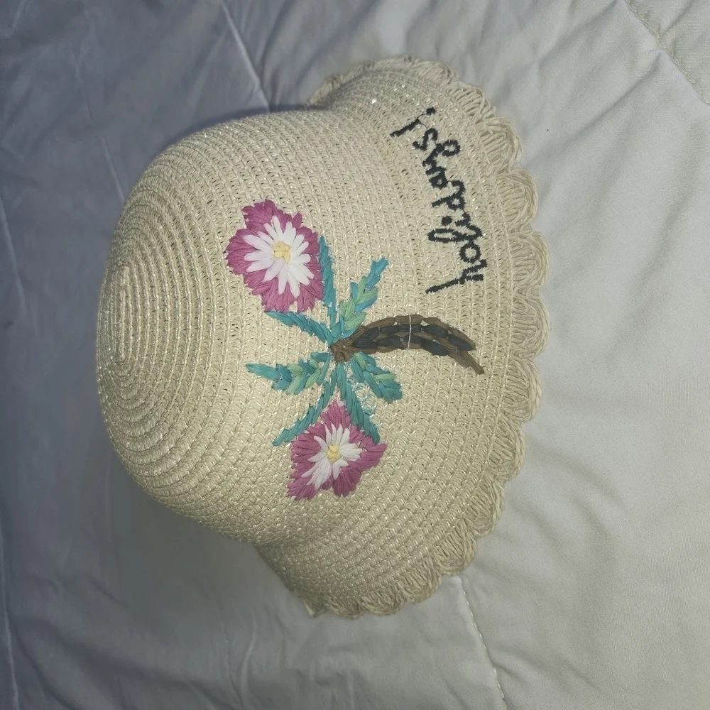 H&M Tan and Pink Floral Embroidered Hat